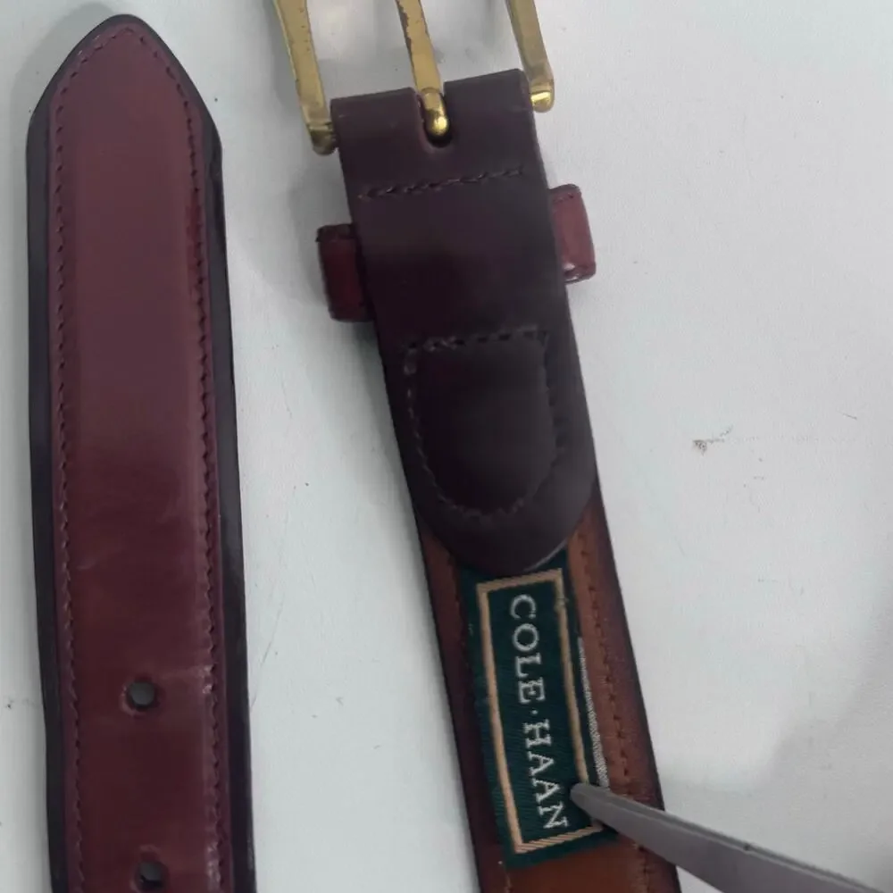 Vtg Cole Haan Belt Genuine Leather Mens Size 34 Brass USA Brown